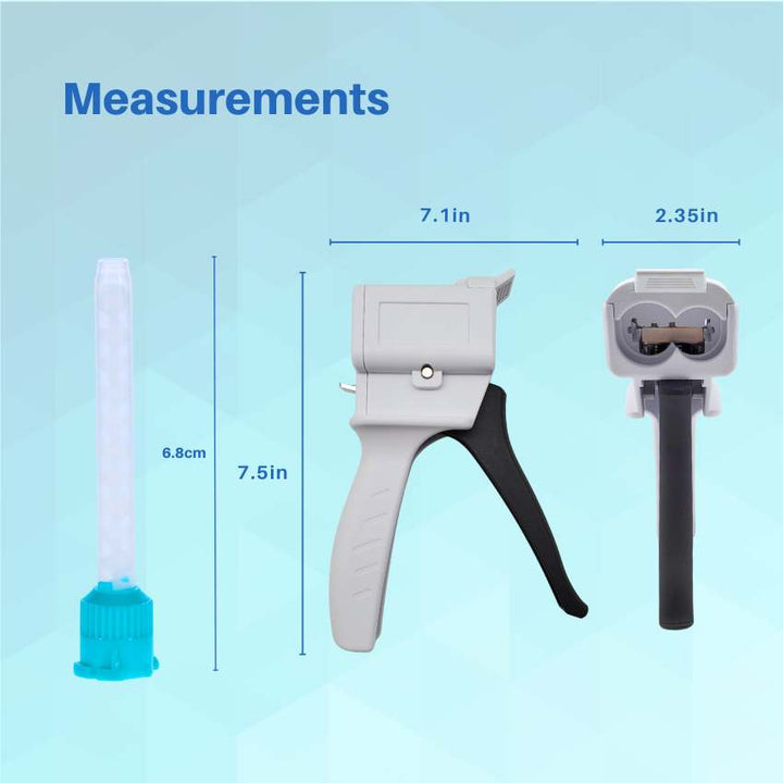 A diagram showing the dimensions of a dental impression gun and a mixing tip. The gun measures 7.5 by 7.1 by 2.35 inches, and the separate mixing tip is 6.8 cm high.