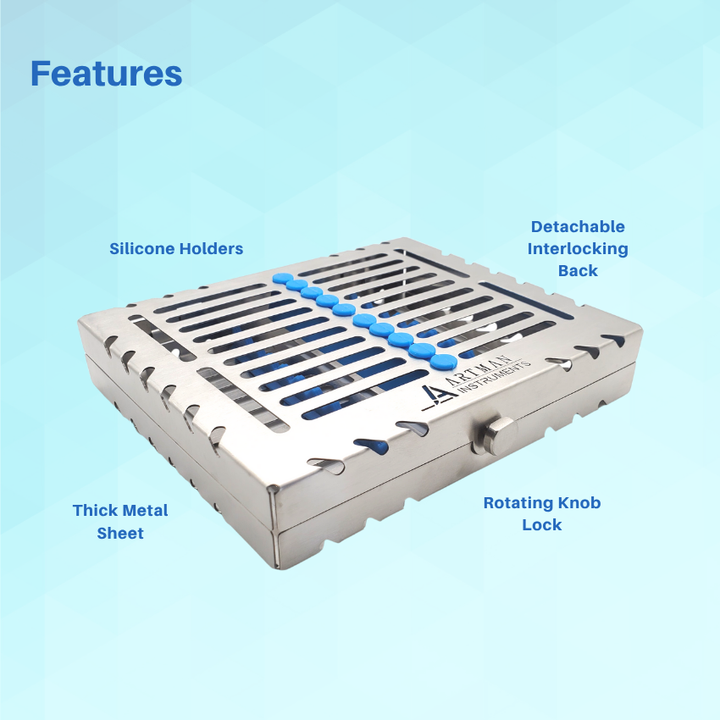 An overview of a dental instrument cassette's features, showing an open tray with tools neatly organized on silicone rails.