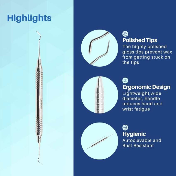 An infographic highlighting the key features of a dental instrument, focusing on its ergonomic design, material, and tip shape.