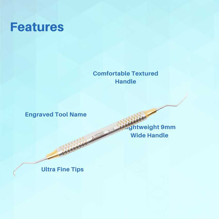 Features of an Artman dental instrument, highlighting the box end tips, tapered end handle, and comfortable posture it provides.
