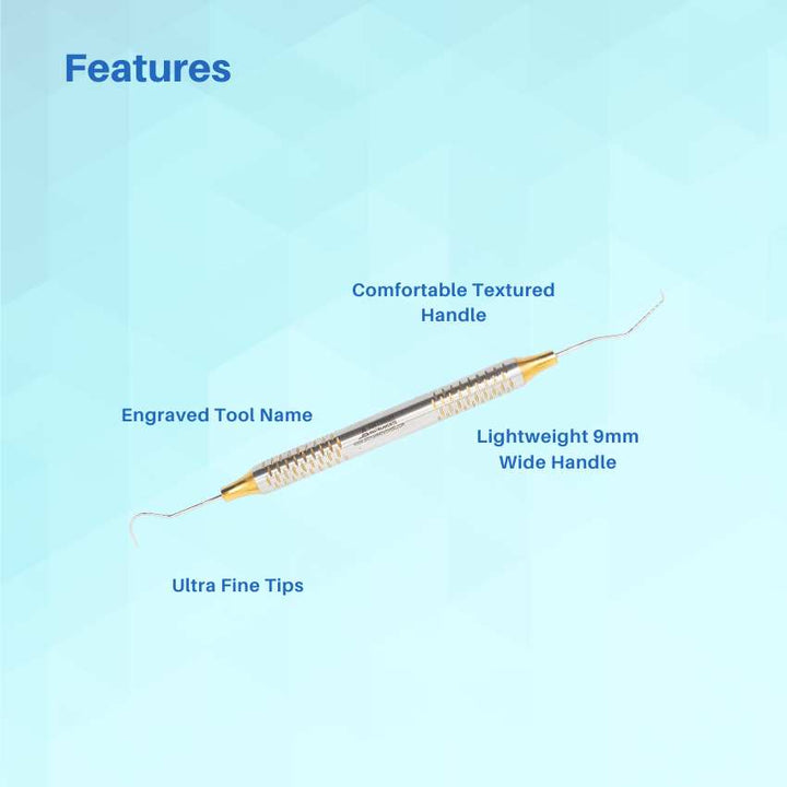 Features of an Artman dental instrument, highlighting the box tip, symmetrical polished handle, and lightweight hollow design.