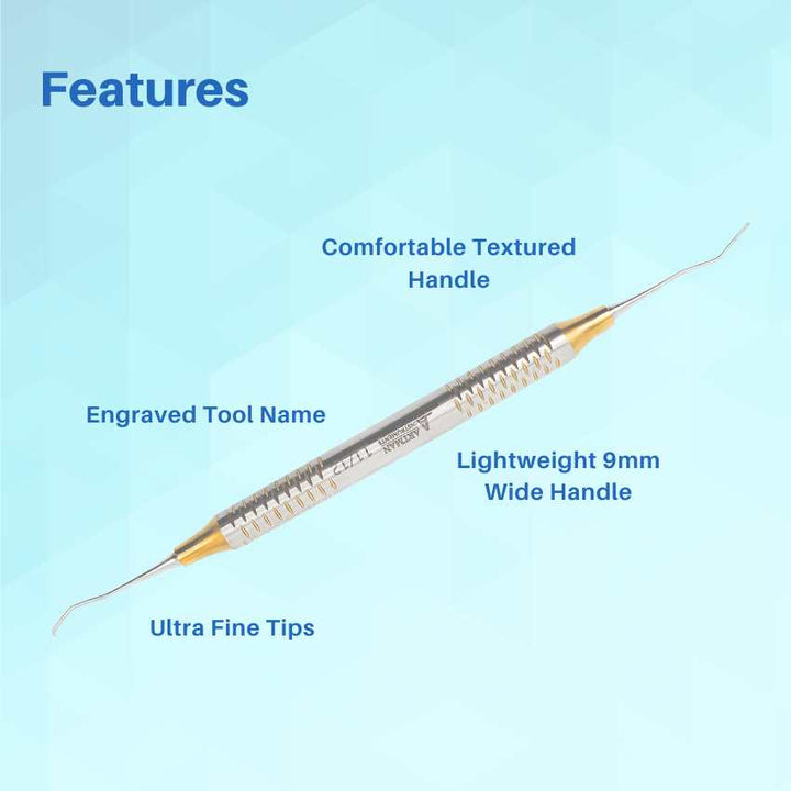 Image detailing the features of an Artman dental instrument, including tapered tool noses, ultra-fine tips, and a comfortable handle.
