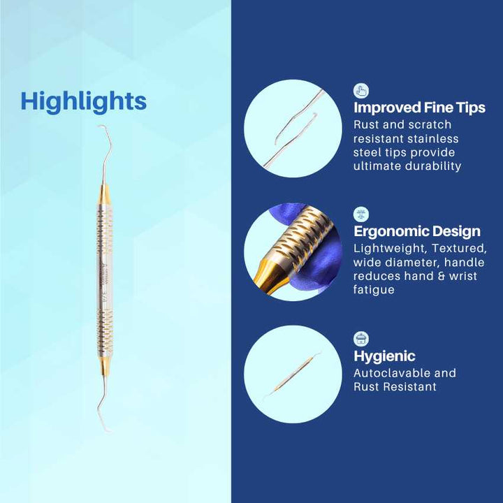 Highlights of an Artman Instruments dental tool, featuring a premium hollow tip, ergonomic design, and magnetic stainless steel.
