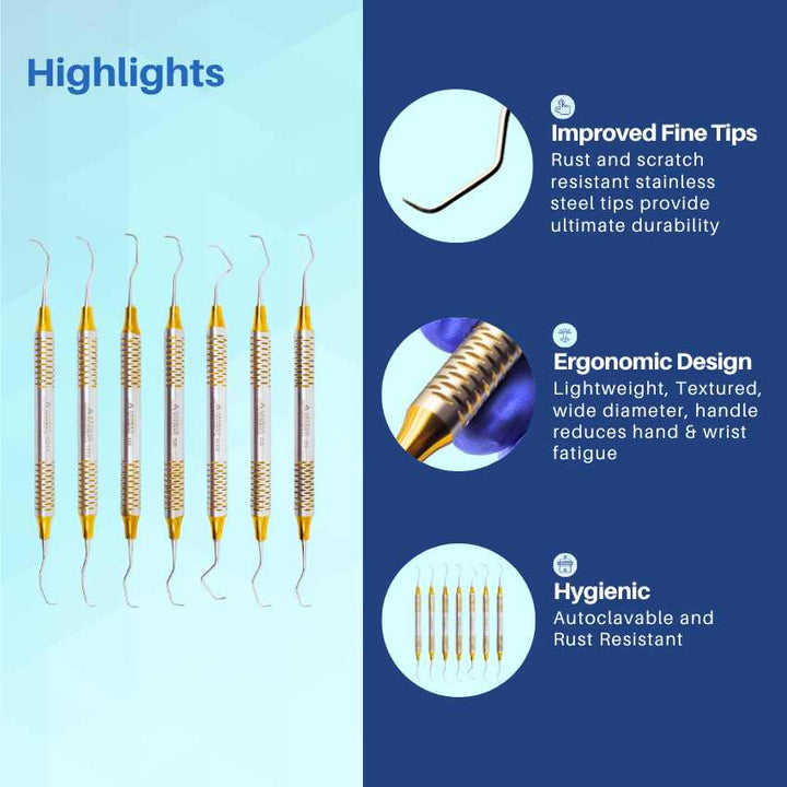 Highlights of the Artman Instruments dental kit, showing premium hollow tips, ergonomic design, and stainless steel construction.
