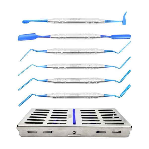 A complete dental instrument kit, including scalers and a mirror, displayed above its matching open sterilization cassette.
