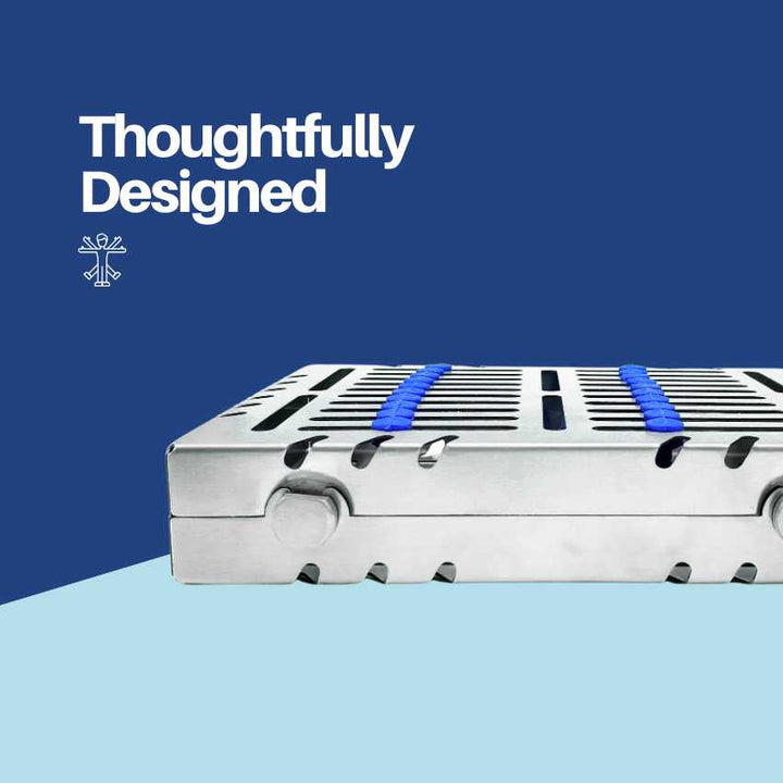 A thoughtfully designed dental instrument sterilization cassette, open to show organized instrument placement.