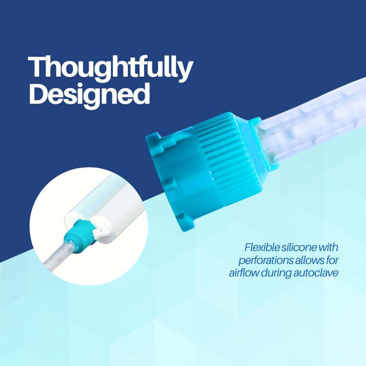 A close-up of a dental static mixing tip, highlighting its flexible, perforated blue silicone base designed for airflow during autoclave sterilization.