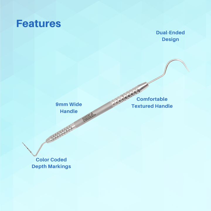 Illustration of the features of an Artman dental probe, showing its comfortable textured handle and dual-coded depth markings.
