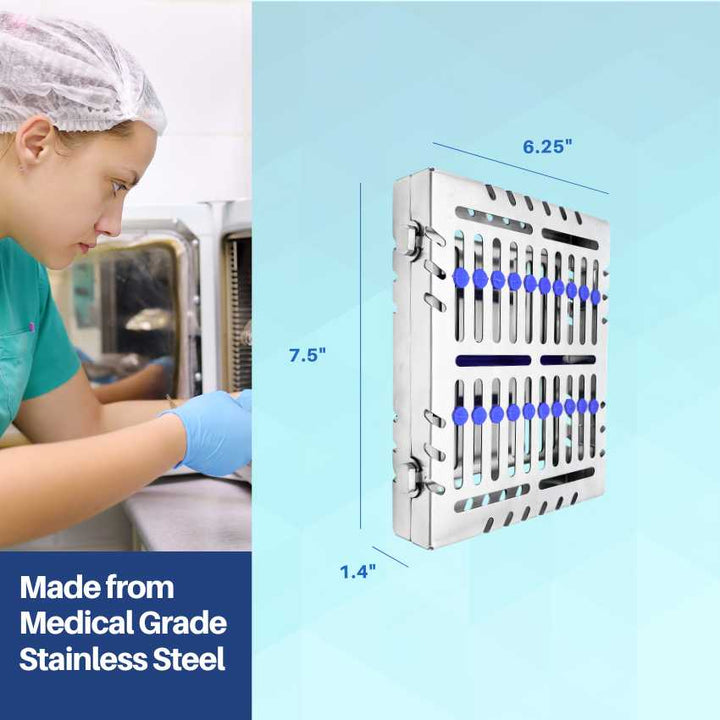 A dental professional placing an instrument into a medical-grade sterilization cassette, demonstrating its practical use.
