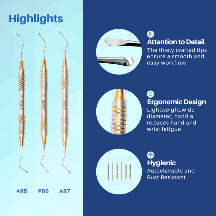 An infographic highlighting the features of a set of three stainless steel dental scalers and probes, including their non-slip grips.