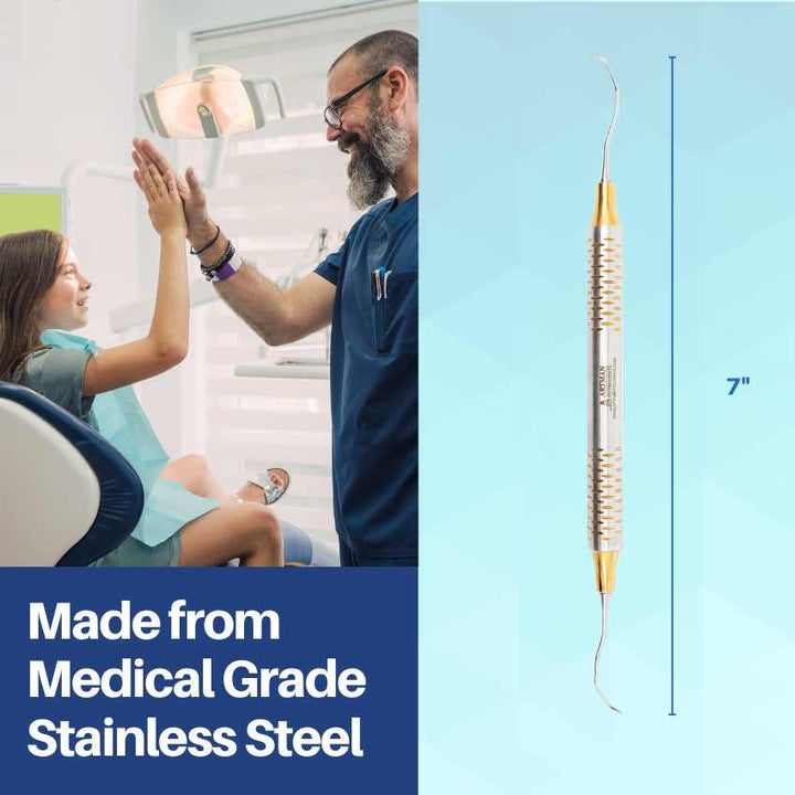 Professional dental scaler and curette with an ergonomic blue silicone handle from Artman Instruments.
