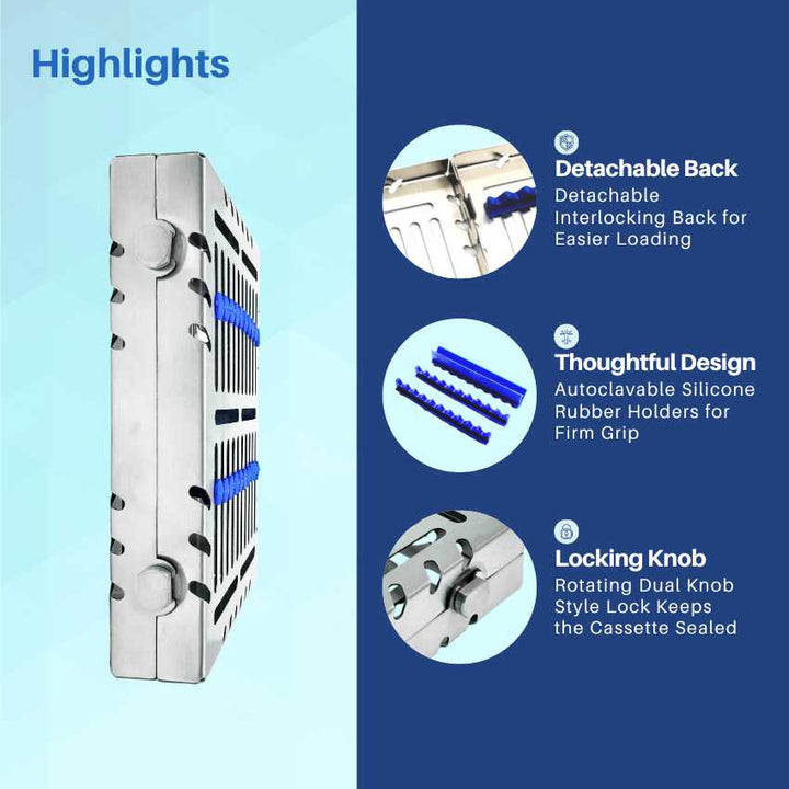 An infographic highlighting the key features of a dental sterilization cassette, including silicone rails and a flow-through design.