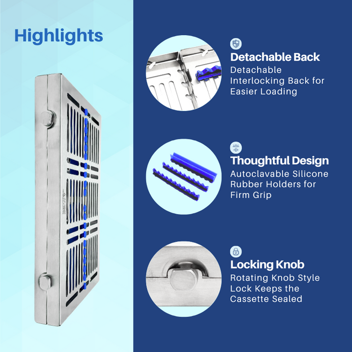 An infographic highlighting the key features of a dental instrument sterilization cassette, including its secure lock, silicone rails, and flow-through design.