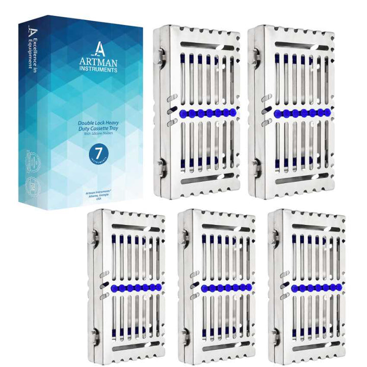 Set of 5 dental sterilization cassettes, each designed to hold 7 instruments, by Artman Instruments.