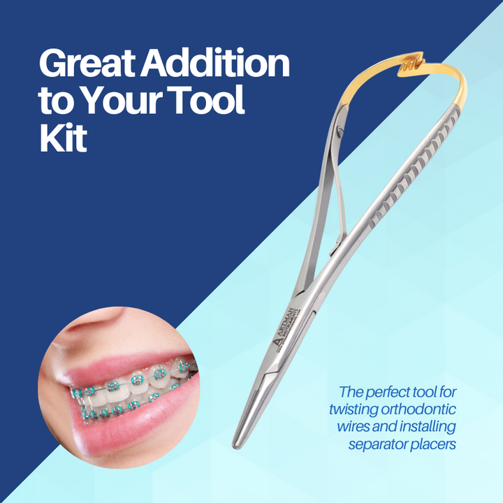 A promotional image of dental hemostat forceps, described as a great addition to any dental tool kit.