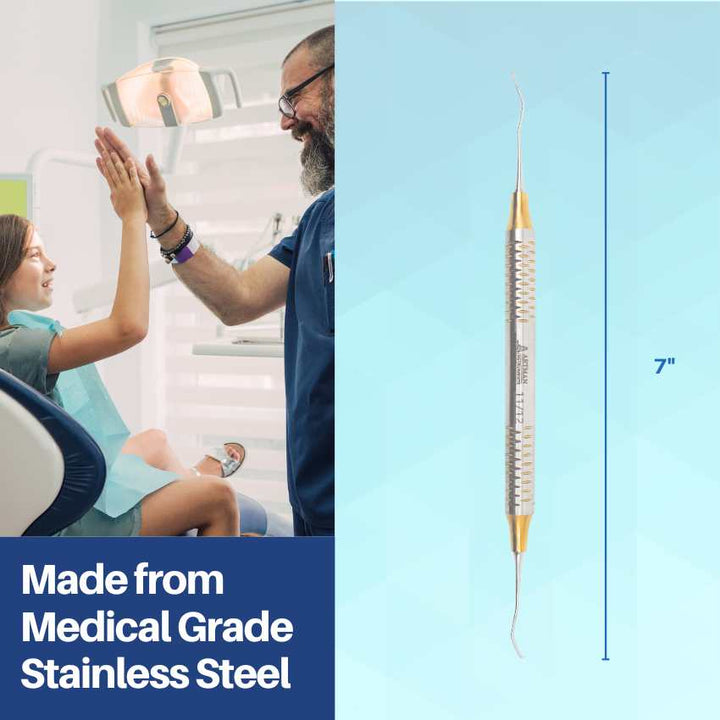 A dentist in a clinical setting using a long-handled dental instrument made from medical-grade stainless steel by Artman Instruments.

