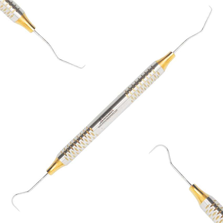 High-quality double-ended dental explorer with gold-plated tips and a non-slip handle from Artman Instruments.