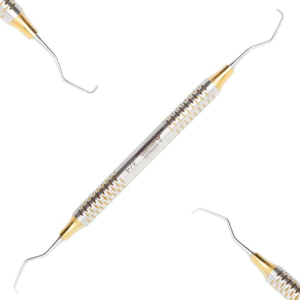A double-ended dental instrument with fine tips and a textured, knurled handle for a secure grip, by Artman Instruments.

