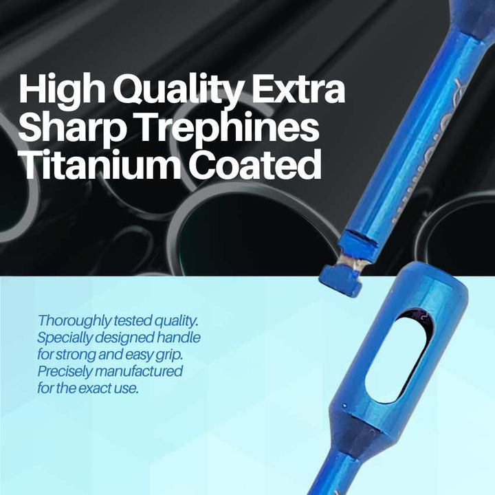 A promotional image emphasizing the high quality and extra durability of the titanium-coated tip on a blue dental instrument.