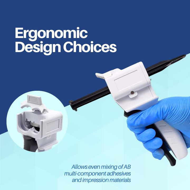A gloved hand holds an ergonomic white dental dispensing gun, with a callout showing a close-up of the cartridge loading mechanism for multi-component adhesives.