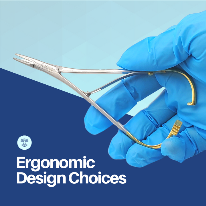 A gloved hand holding an ergonomic dental hemostat to demonstrate its comfortable grip and design.