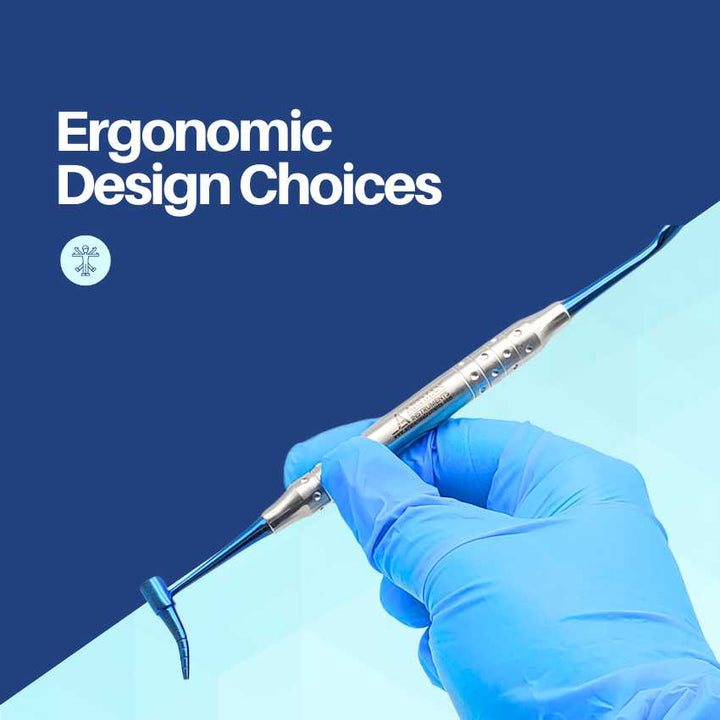A gloved hand holding an ergonomic dental scaler to demonstrate its comfortable grip and well-balanced design.