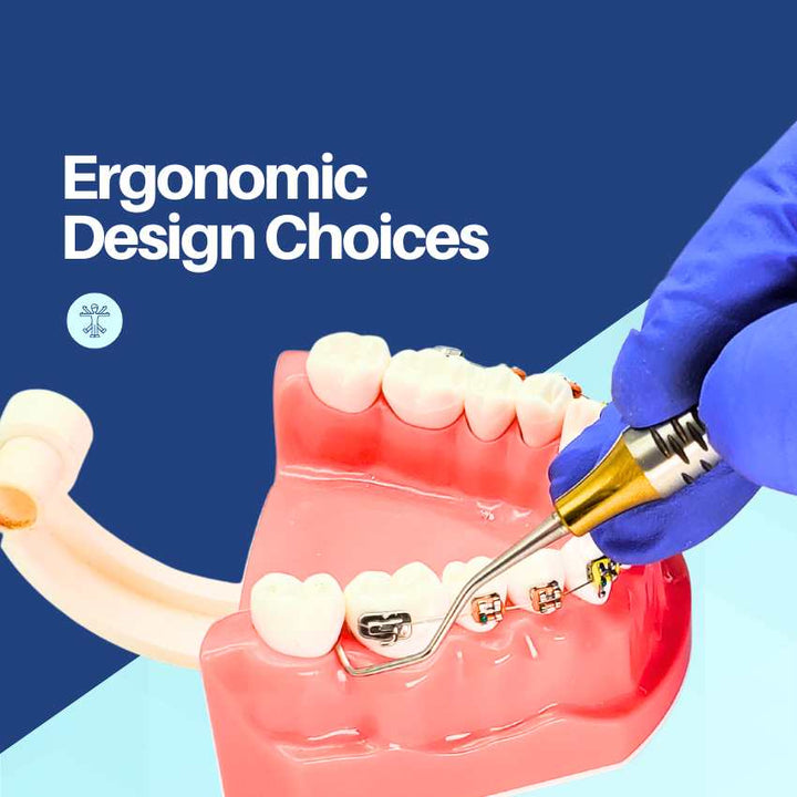 "Ergonomic Design Choices" illustrated with Artman Instruments orthodontic pliers being used on a model of teeth with braces.
