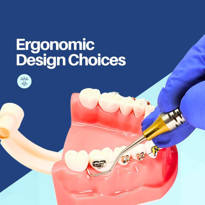 Illustration demonstrating the "Ergonomic Design Choices" of an Artman Instruments tool used on a model of teeth with braces.