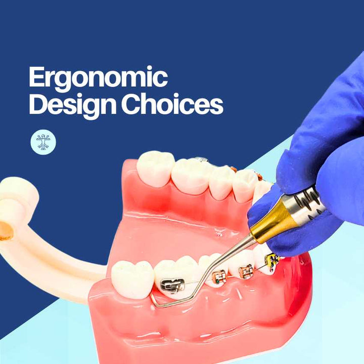"Ergonomic Design Choices" of an Artman Instruments orthodontic tool being used on a dental model with braces.
