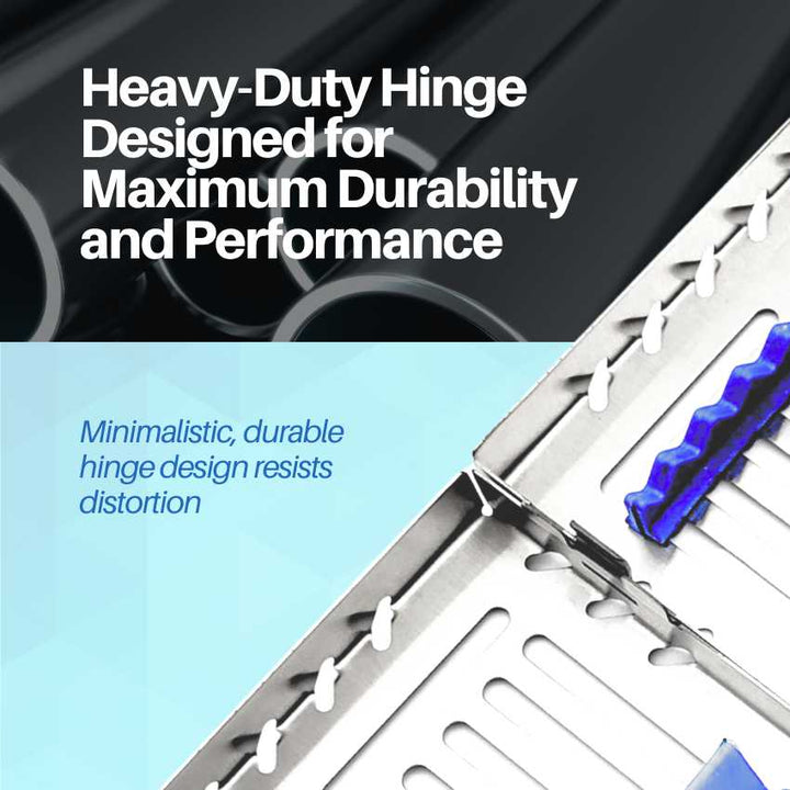Close-up of the "Heavy-Duty Hinge" on an Artman Instruments dental cassette, designed for maximum durability and performance.