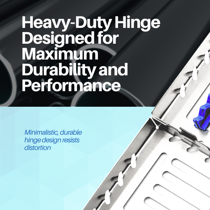 A close-up of a heavy-duty hinge on a dental sterilization cassette, designed for maximum durability and performance.