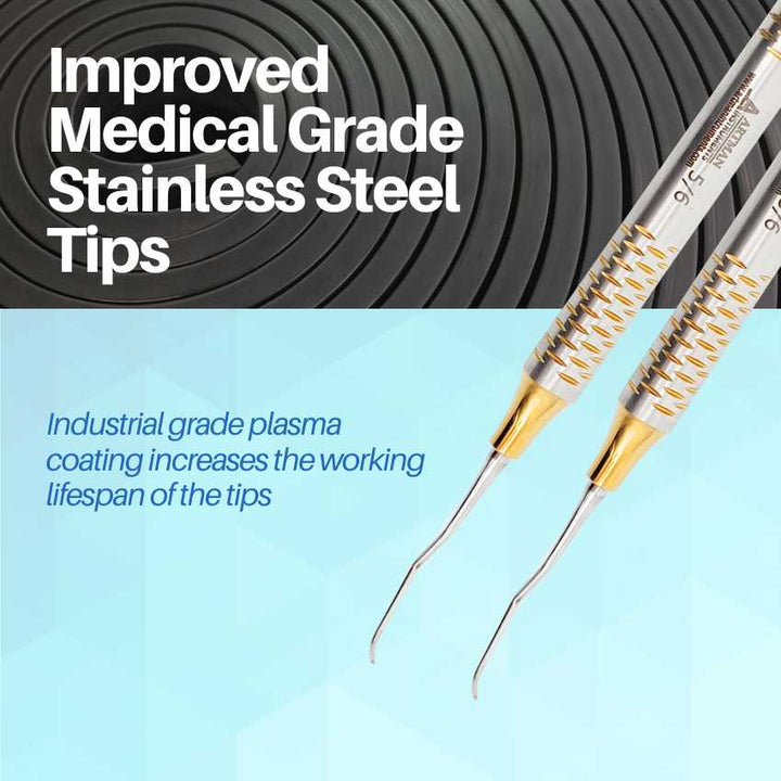 Close-up on the "Improved Medical Grade Stainless Steel Tips" of Artman dental instruments with exclusive gold-plated coating.

