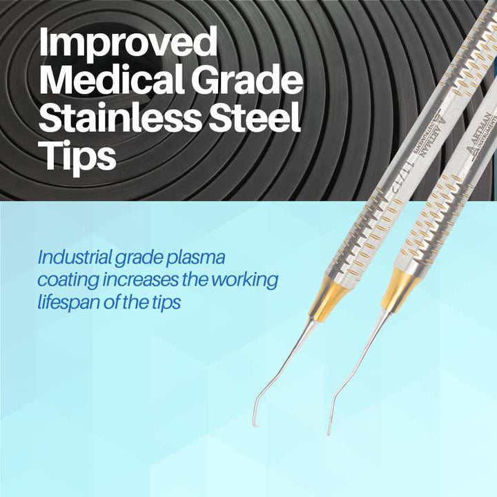 Close-up on the "Improved Medical Grade Stainless Steel Tips" of an Artman Instruments dental tool with a gold-plated coating.
