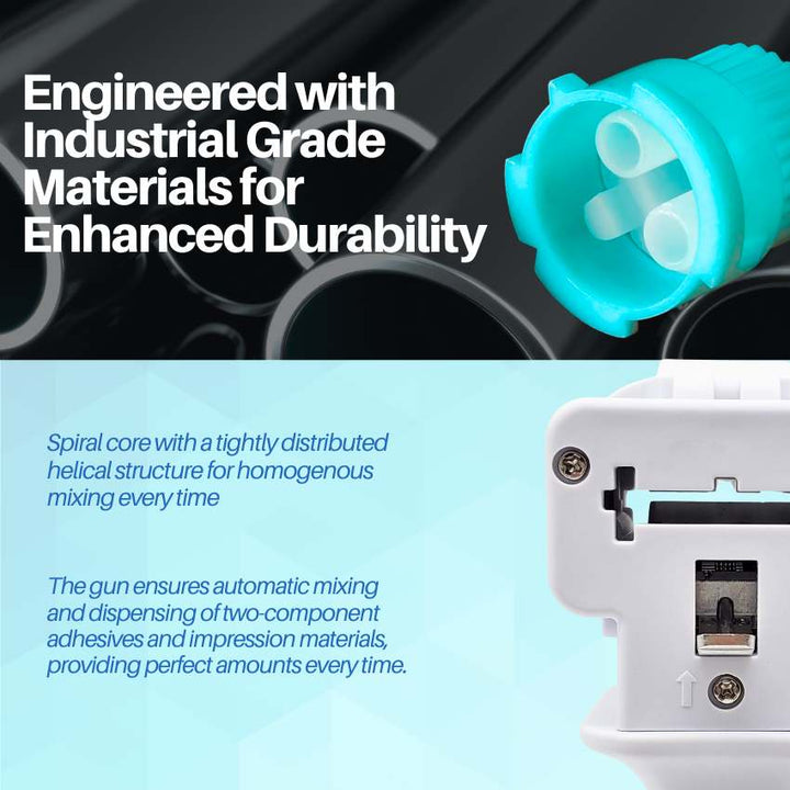 A features graphic showing close-ups of a dental mixing tip and dispensing gun, highlighting their industrial-grade materials for durability and the spiral core design for homogenous mixing.