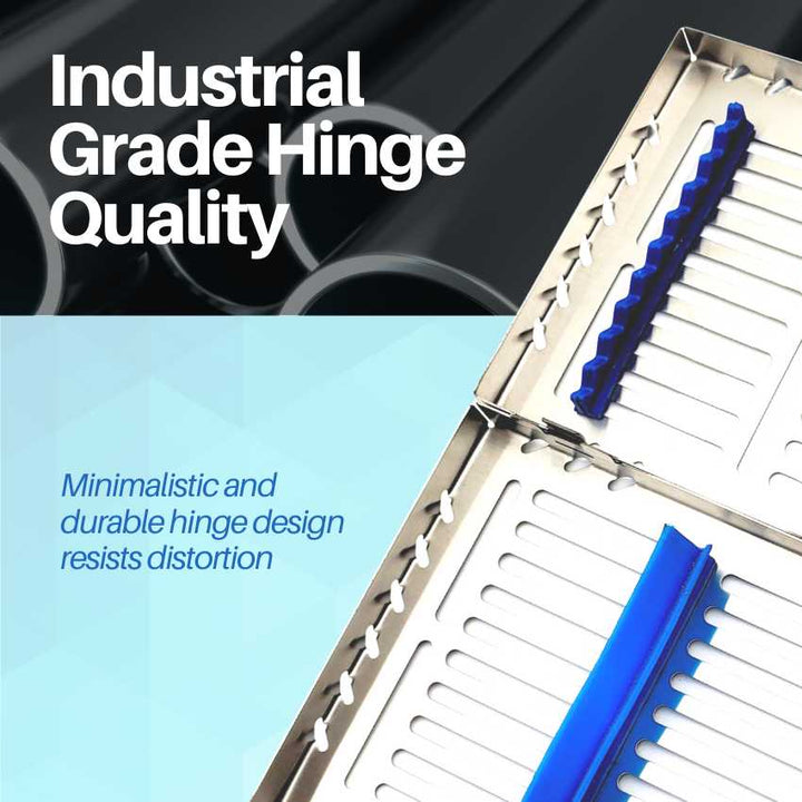 A close-up view of the industrial-grade hinge on a dental sterilization cassette, emphasizing its durable quality.