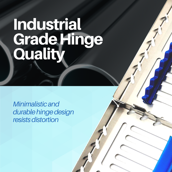 A close-up showcasing the industrial-grade hinge quality on a dental sterilization cassette, emphasizing its durability.