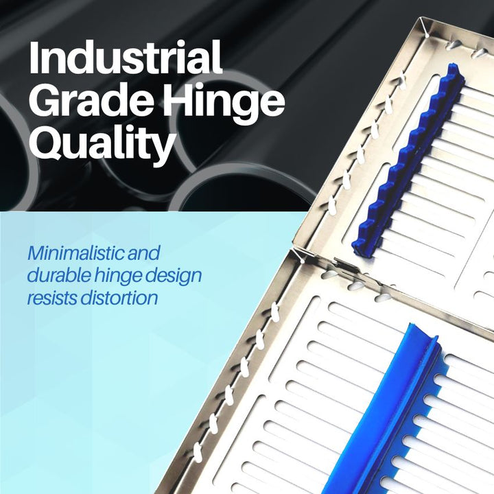 Close-up on the "Industrial Grade Hinge Quality" of the Artman sterilization cassette, highlighting its minimalist and durable design.