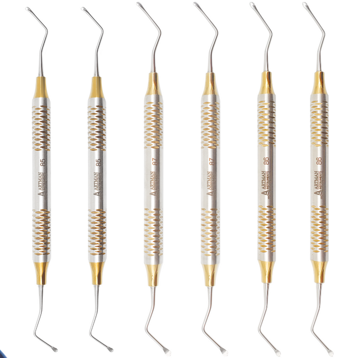 A complete set of six Lucas serrated bone curettes with hollow handles, neatly arranged in a row on a white background.