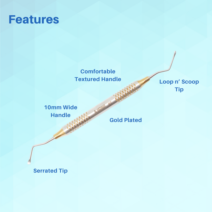 A stainless steel Lucas surgical bone curette with a serrated, spoon-shaped tip, shown on a clean light blue background.