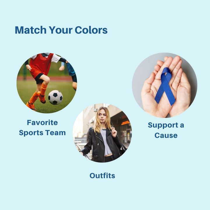 Graphic titled 'Match Your Colors' on a light blue background, illustrating reasons to match colors with three circular examples: kids playing soccer ('Favorite Sports Team'), a woman's outfit ('Outfits'), and hands holding a blue awareness ribbon ('Support a Cause').