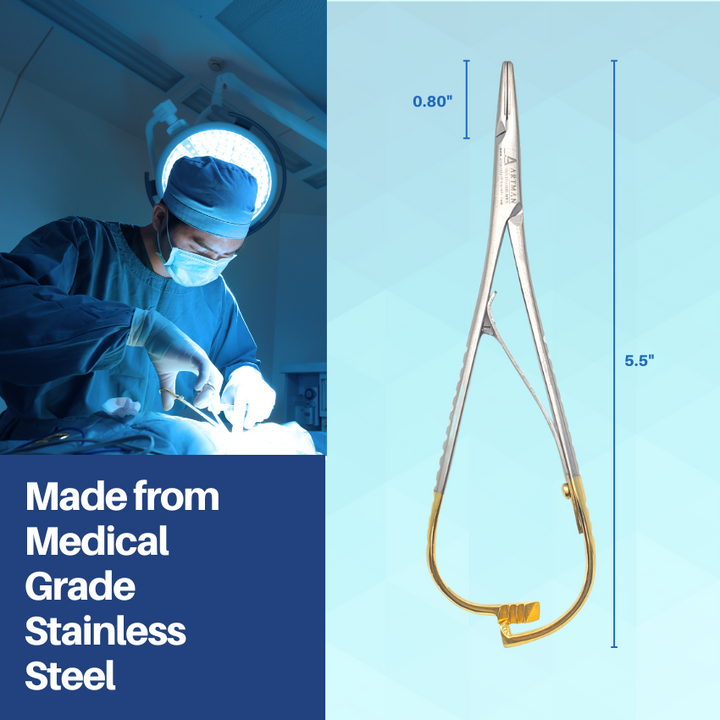 A pair of medical-grade dental hemostat forceps shown with a dentist in the background to indicate professional use.