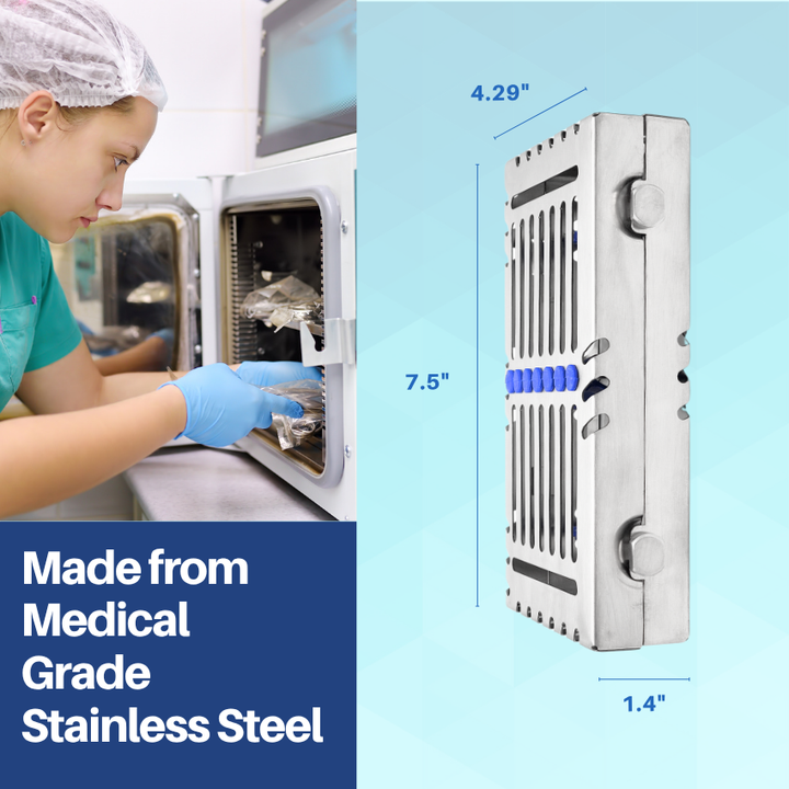 A dental professional handling a sterilization cassette made from medical-grade German steel, shown in a clinical setting.