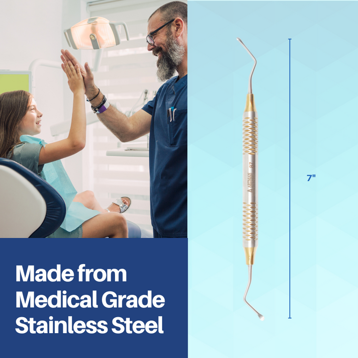 A medical-grade Lucas bone curette made from German steel, shown with a dental professional and patient in the background to indicate clinical application.