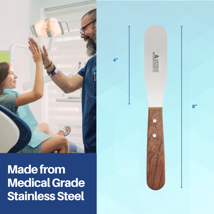 A professional plaster spatula with a wooden handle and medical-grade stainless steel blade, shown next to an image of a dentist at work.