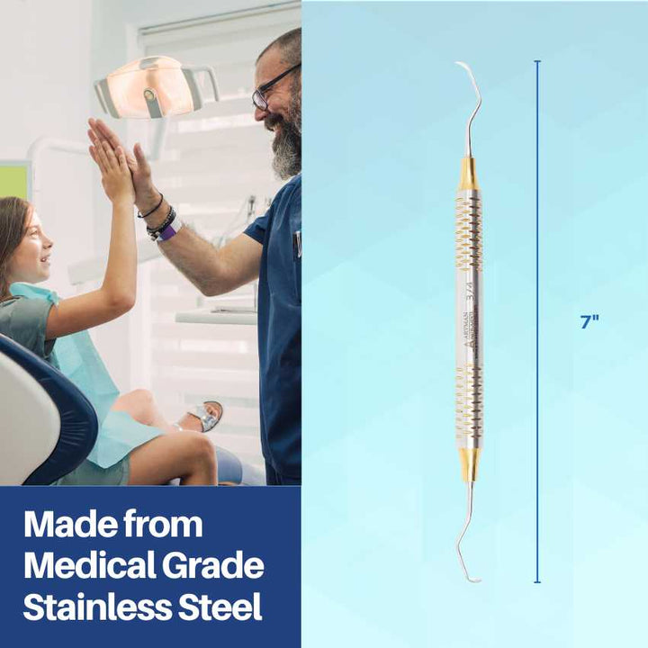 Professional dental instrument made from medical-grade stainless steel by Artman Instruments, shown in a dental office setting.
