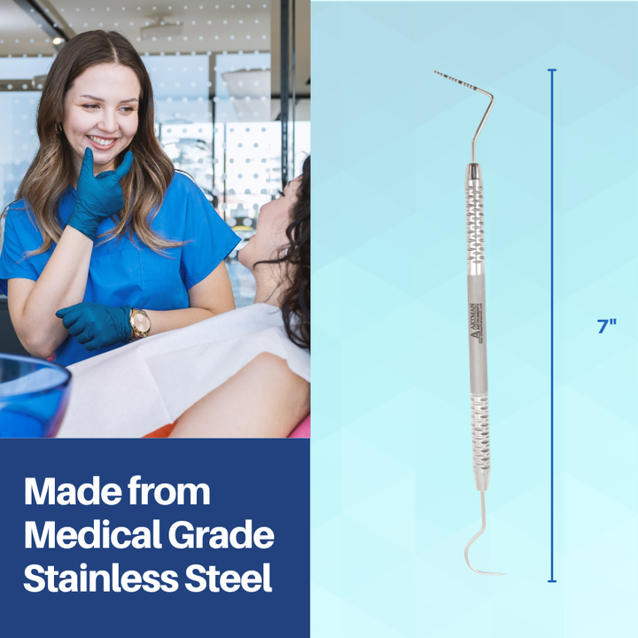 Dental professional with an Artman Instruments probe made from medical-grade stainless steel, with a diagram showing its 7-inch length.

