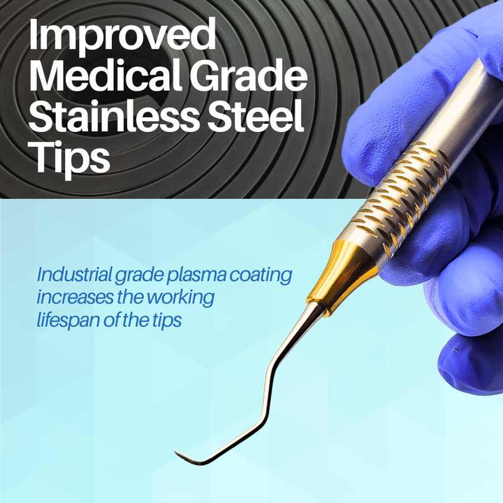 Close-up of an Artman Instruments dental scaler with "Improved Medical Grade Stainless Steel Tips" and an exclusive gold-plated coating.
