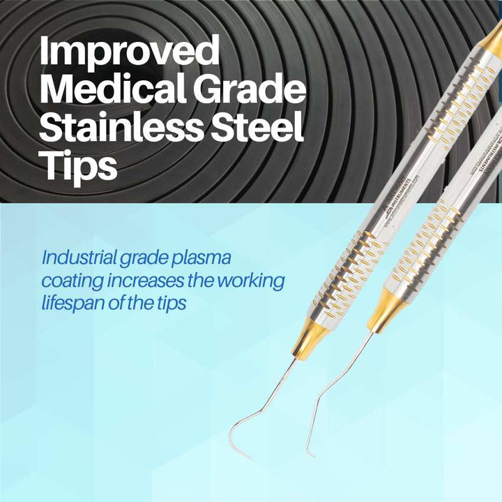 Close-up of an Artman Instruments tool with "Improved Medical Grade Stainless Steel Tips" and a gold-plated coating for efficiency.