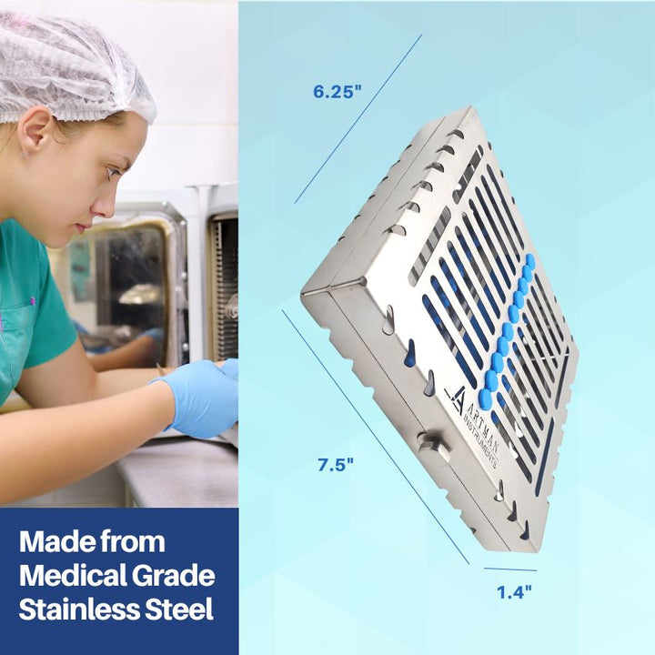 Artman Instruments sterilization cassette made from medical-grade stainless steel, with dimensions shown as 6.25 by 7.5 inches.