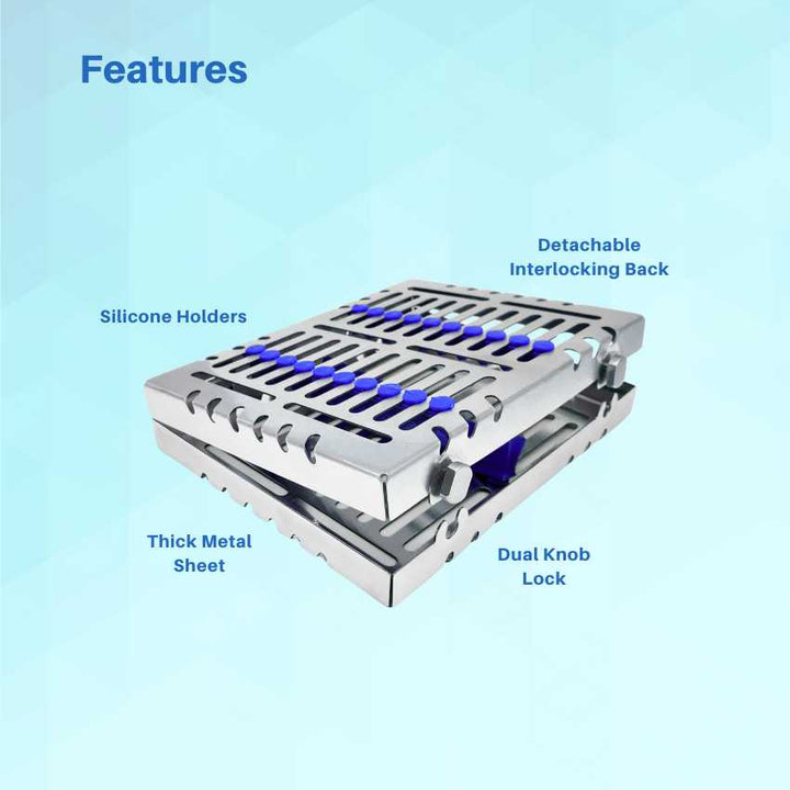 An open stainless steel dental instrument cassette filled with various tools, showcasing its capacity and organizational features.